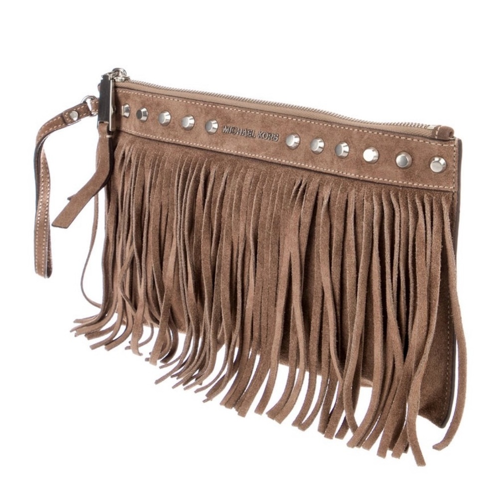 Michael Kors Brown Suede Fringe Wristlet Clutch - Picture 7 of 8
